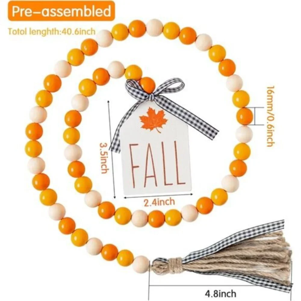 Fall Wood Bead Tassel‎ Garland, 40inch Thanksgiving Farmhouse Rustic Bead